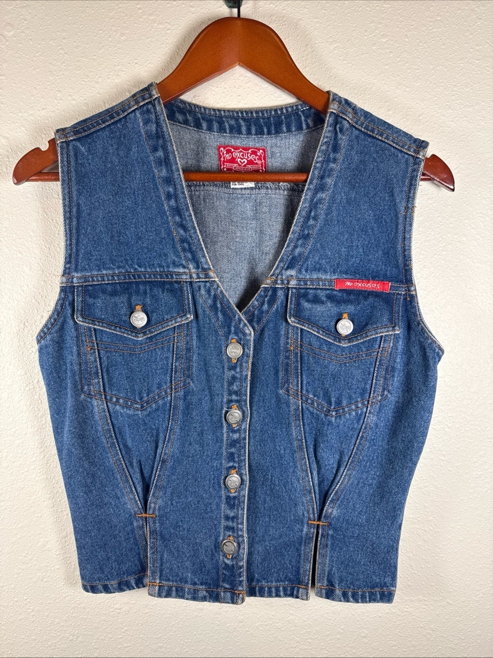 VTG No Excuses Denim Vest Western Rodeo Festival Boho Small  Pleated Pockets